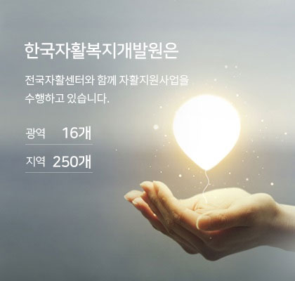 한국자활복지개발원은 전국자활센터와 함께 자활지원사업을 수행하고 있습니다. - 광역 16개, 지역 250개